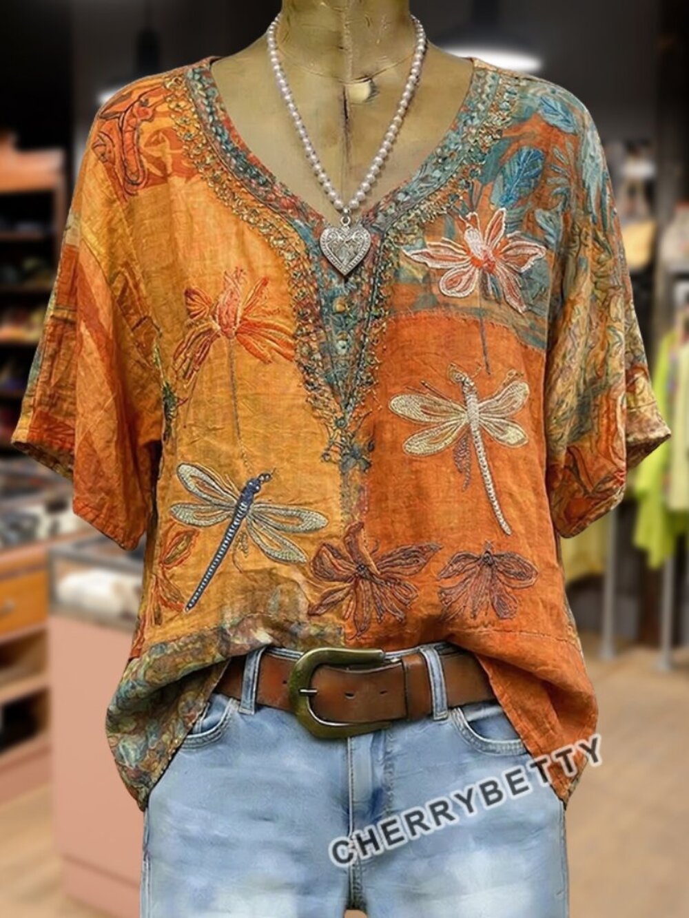 Retro Floral Embroidered V-Neck Cotton Blouse. Size Large. NWOT